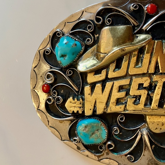 Giant Country Western Silver & Turquoise Belt Buckle 6\